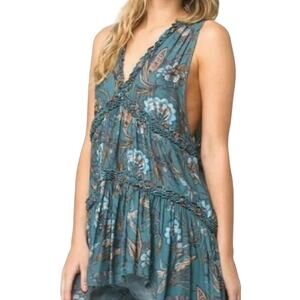Free People Tunic Tank Women XS Purple Haze Floral Humming Bird Aqua Blue Ruffle